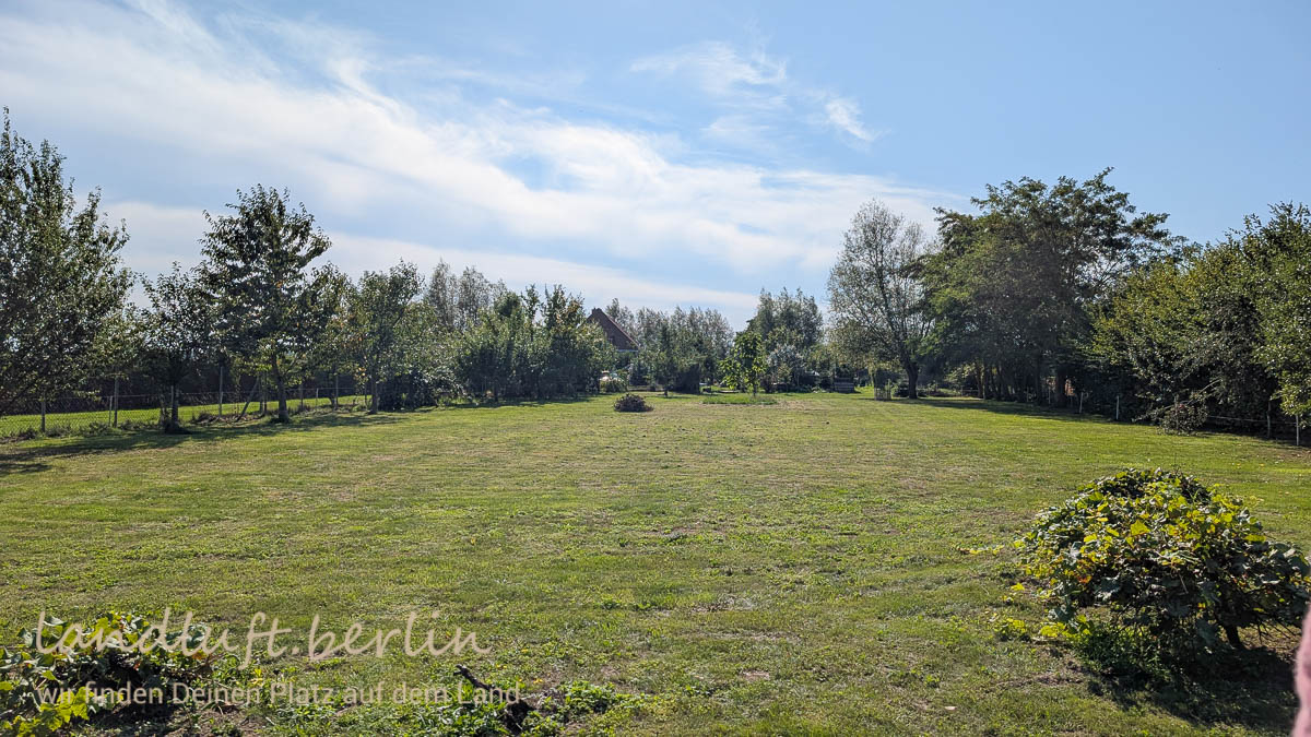 Blick vom nördlichen Grundstücksende zum Haus. Links hinter dem Zaun der Zufahrtsweg