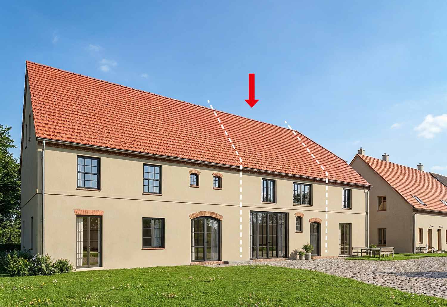 Visualisierung des fertig renovierten Gebäudes mit zusäzlicher Eingangstür und Fenstern im OG